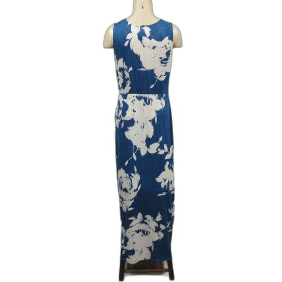 CLARA SUN WOO Crushed Silk Knit Center Slit Maxi Dress Sz M 12 Blue White Floral - Picture 8 of 15